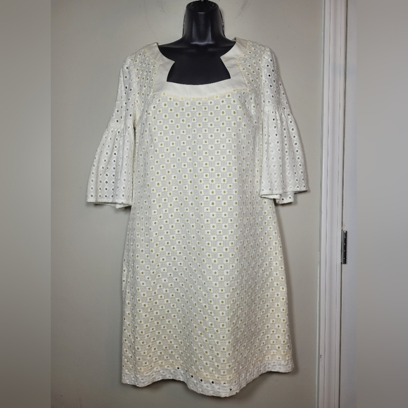 EUC Trina Turk White and Yellow Eyelet A-Line Mini Dress sz 8 291531 - Picture 1 of 14
